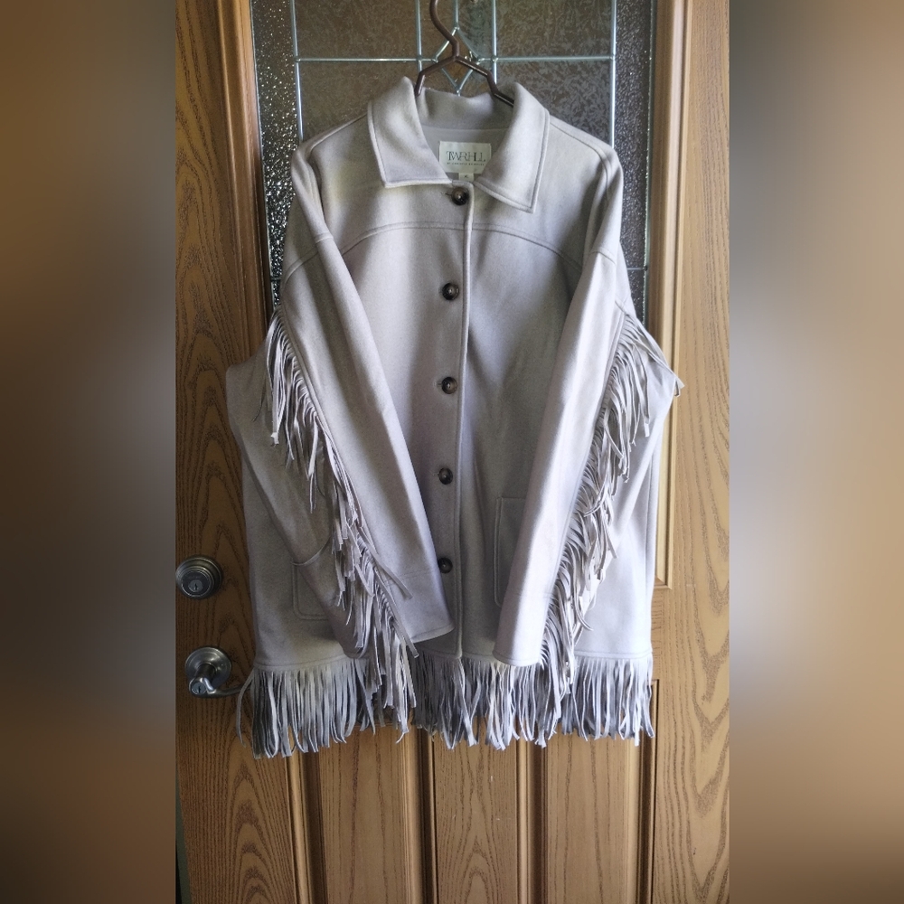 Oatmeal Colored Pea Coat with Fringe Detail